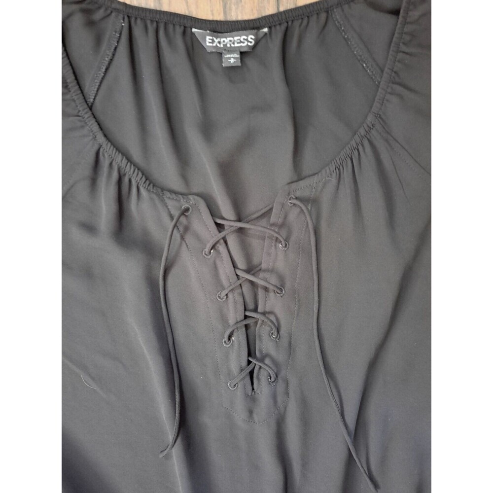 Express Dress Small Black Sheer Top Lined Pockets Elastic Waist Lace Up V-Neck - Picture 6 of 10